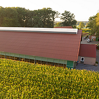 Edificio estable con cresta ligera y ventilación sinuosa detrás de un campo de maíz