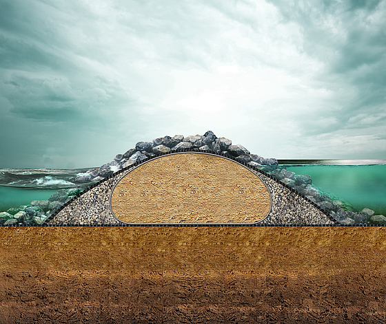 Groynes y rompeolas para la protección sostenible de la costa y el litoral mediante el uso de geosintéticos y materiales de construcción locales.