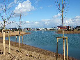 Depósito de retención de aguas pluviales sellado y lleno de agua